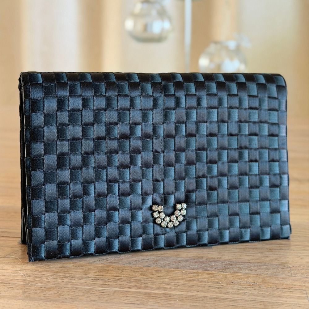 Vtg 90s La Regale Black Woven Satin Clutch Evening Bag Rhinestones Formal Gala